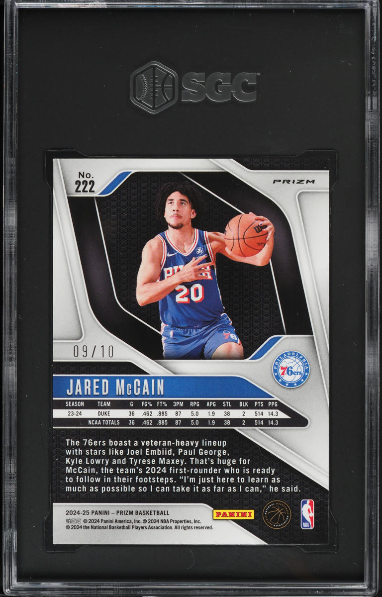 2024 Panini Prizm Gold Shimmer Jared McCain ROOKIE /10 #222 SGC 10 GEM MINT