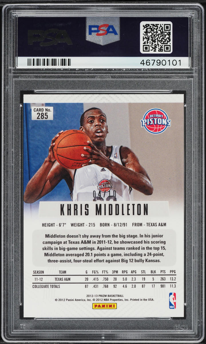 2012 Panini Prizm Gold Khris Middleton /10 #285 PSA 8 NM-MT