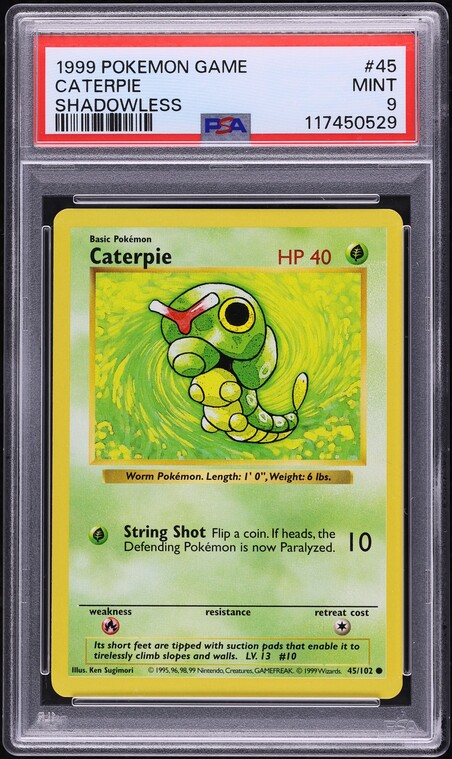 1999 Pokemon Base Set Shadowless Caterpie #45 PSA 9 MINT