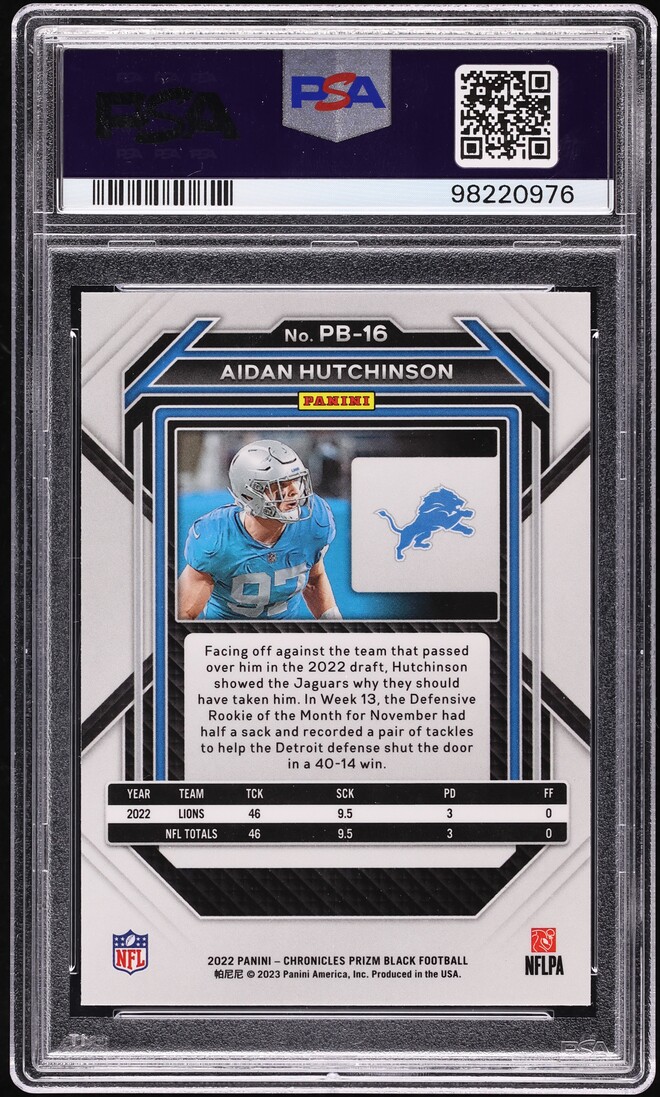2022 Panini Chronicles Black Prizm Aidan Hutchinson ROOKIE #PB-16 PSA 10 GEM
