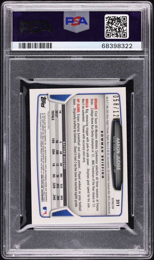 2013 Bowman Chrome Mini Refractor Aaron Judge PROSPECT /125 #311 PSA 9 MINT