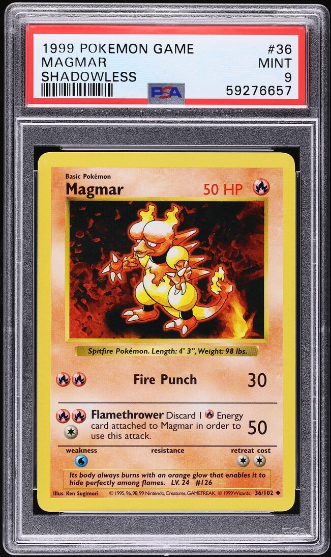 1999 Pokemon Base Set Shadowless Magmar #36 PSA 9 MINT