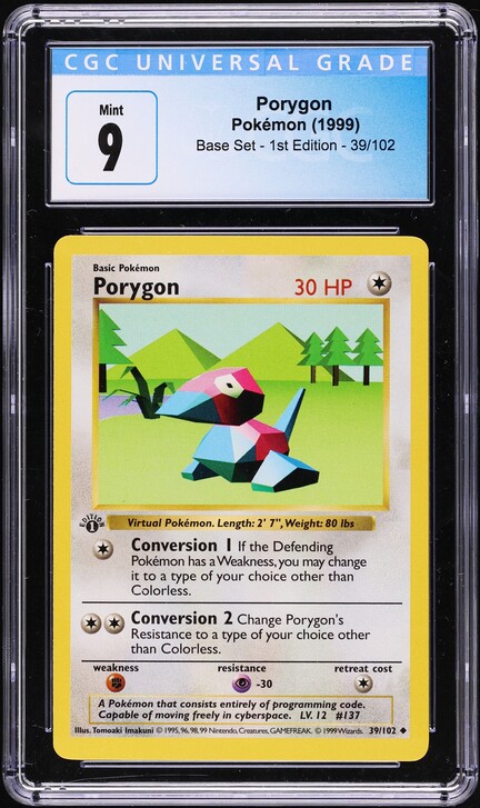 1999 Pokemon Base Set Shadowless 1st Edition Porygon #39 CGC 9 MINT