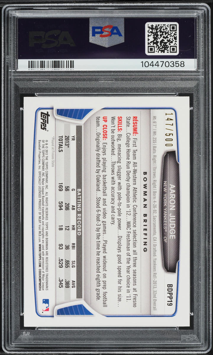 2013 Bowman Draft Blue Aaron Judge PROSPECT /500 #BDPP19 PSA 8 NM-MT