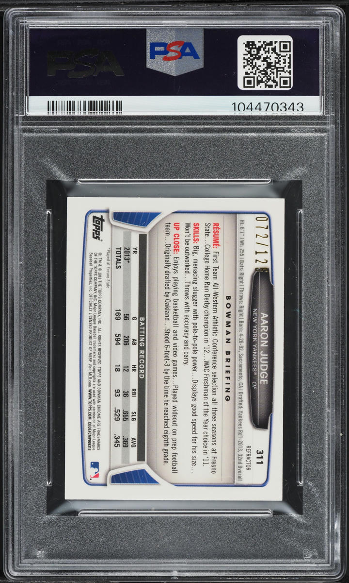 2013 Bowman Chrome Mini Refractor Aaron Judge PROSPECT /125 #311 PSA 8 NM-MT