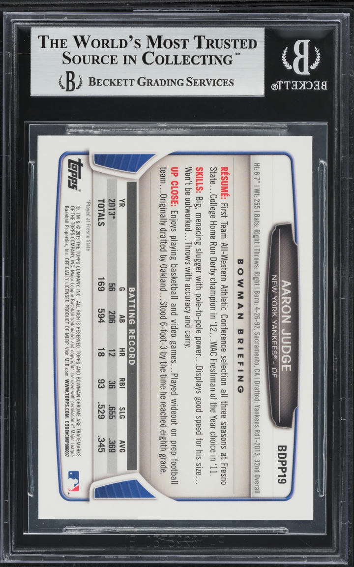 2013 Bowman Chrome Draft Refractor Aaron Judge PROSPECT #BDPP19 BGS 9 MINT