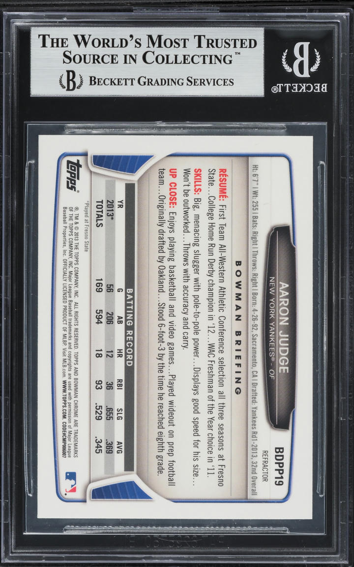 2013 Bowman Chrome Draft Refractor Aaron Judge PROSPECT #BDPP19 BGS 9 MINT