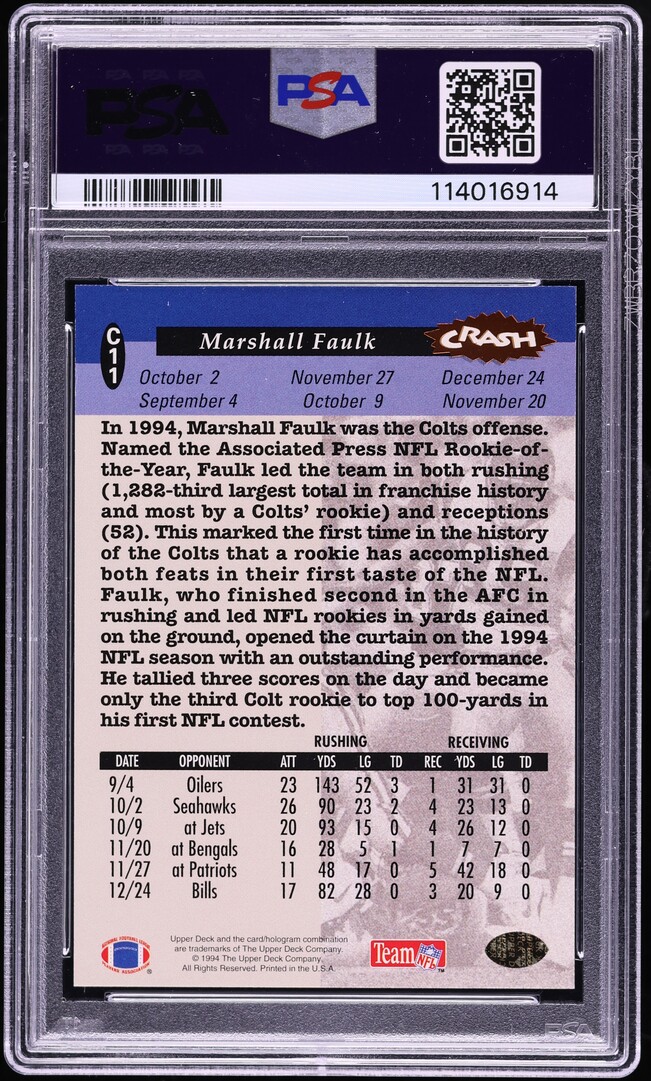 1994 Collector's Choice Crash The Game Bronze Marshall Faulk ROOKIE #C11 PSA 10