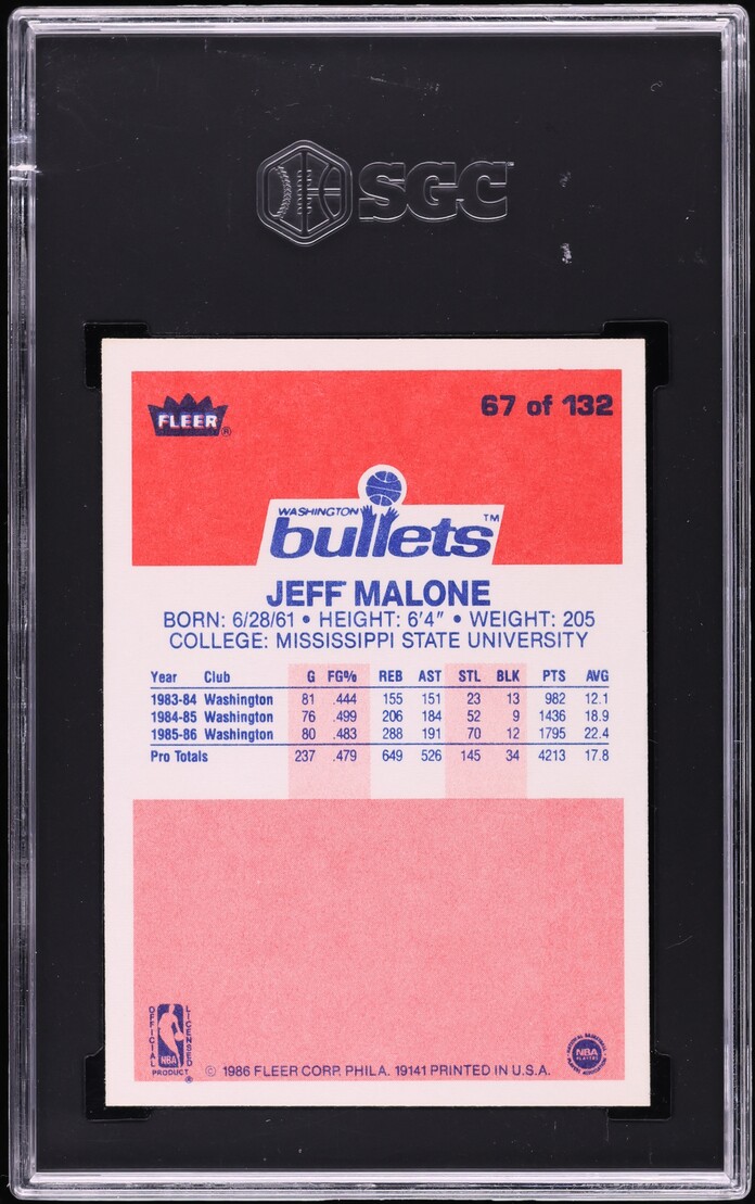 1986 Fleer Basketball Jeff Malone ROOKIE #67 SGC 10 GEM MINT