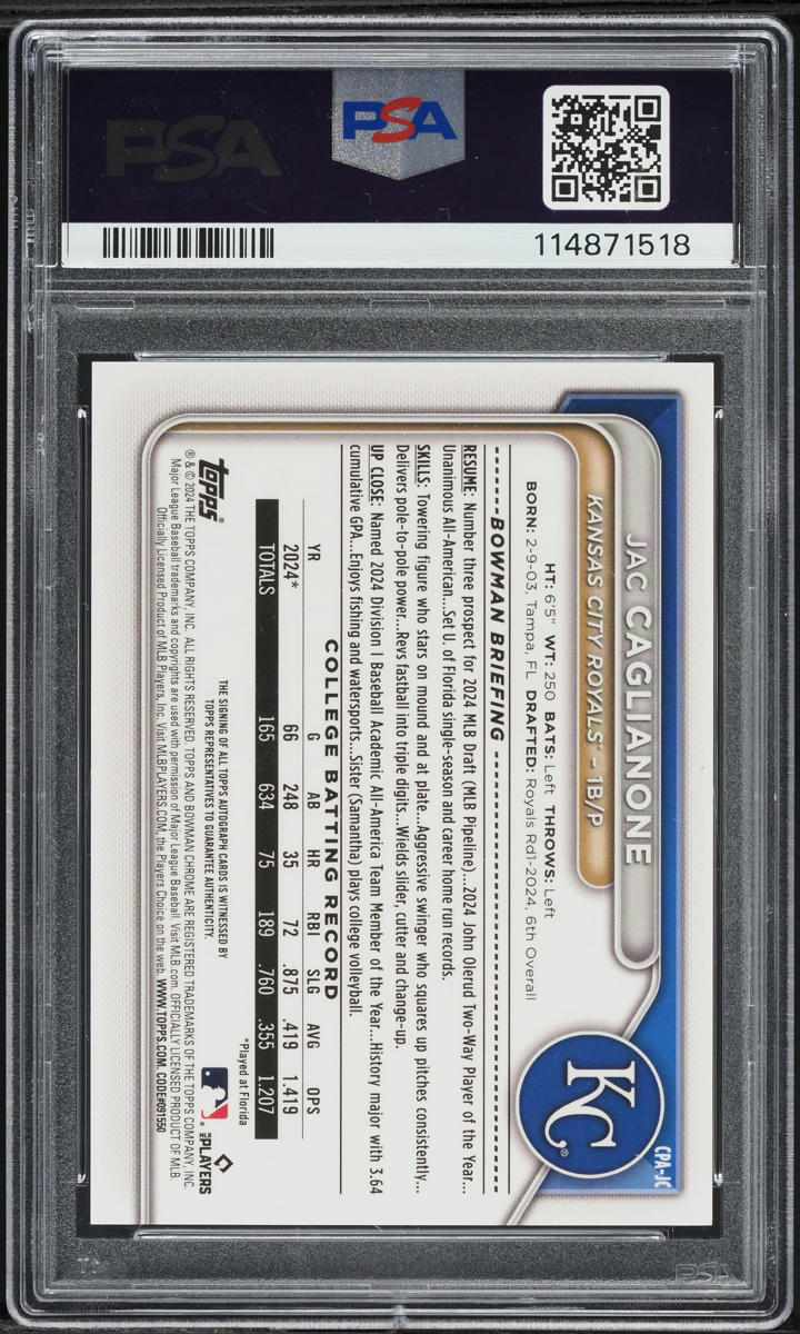 2024 Bowman Chrome Draft Popcorn Jac Caglianone PROSPECT AUTO DNA 9 /5 PSA 9