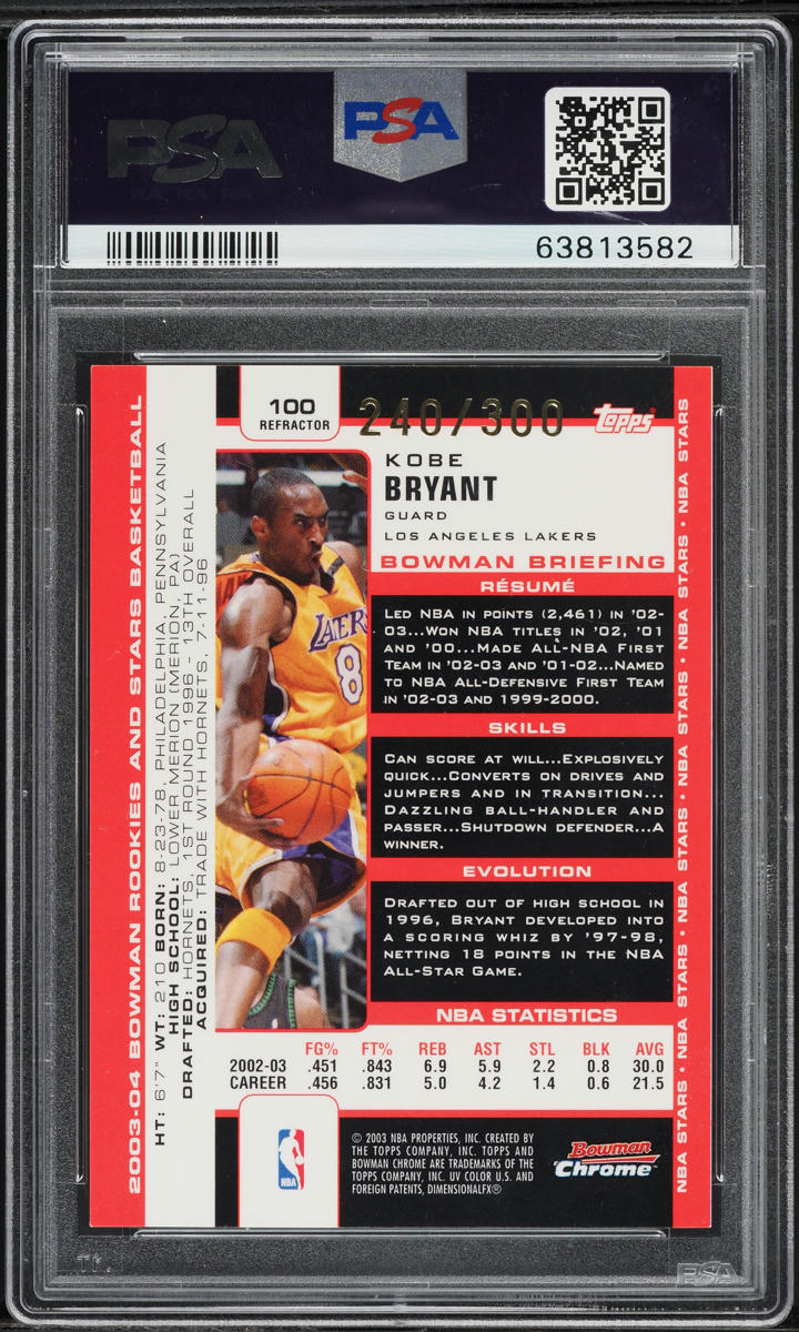2003 Bowman Chrome Refractor Kobe Bryant /300 #100 PSA AUTH