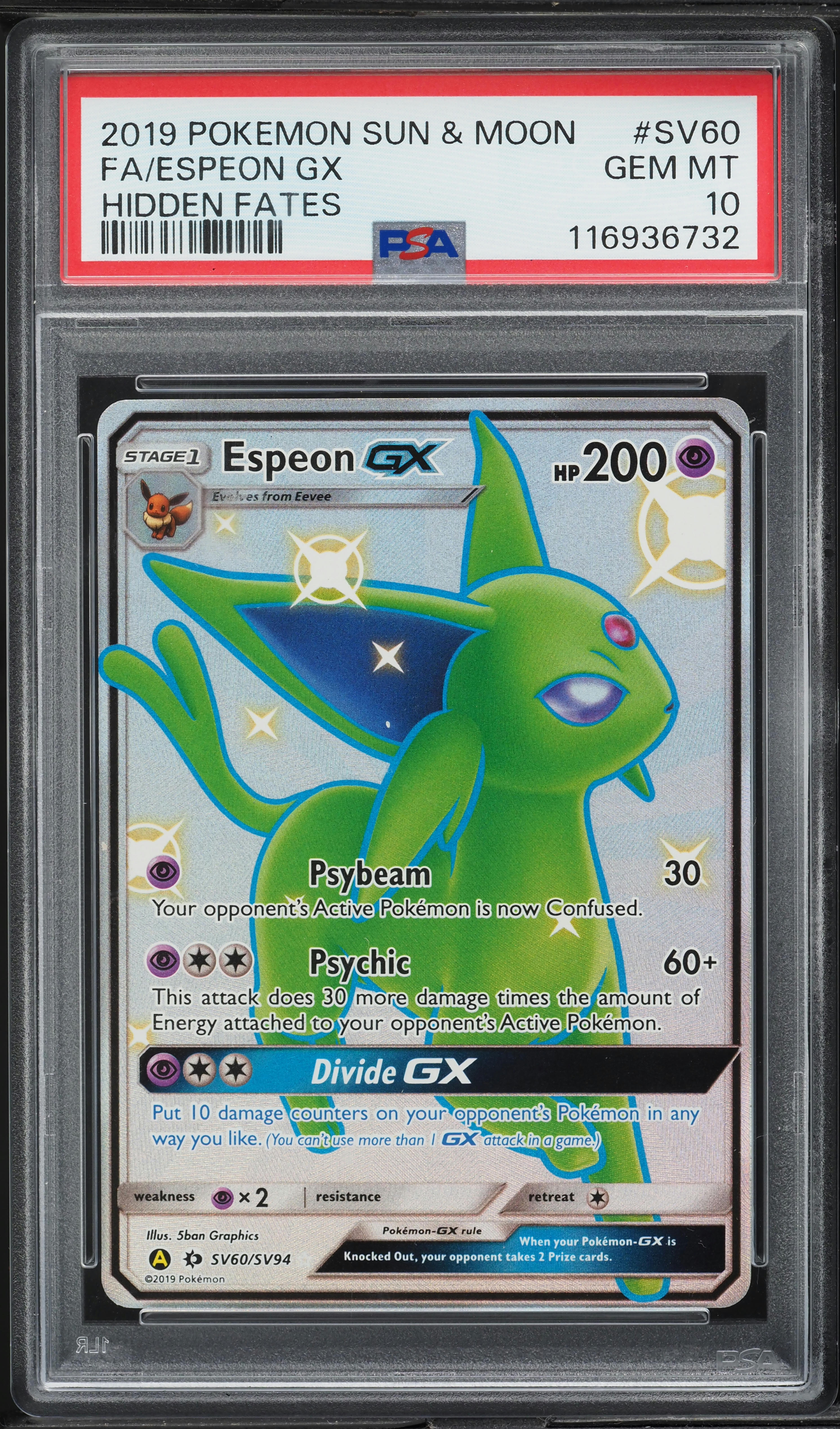 2019 Pokemon Sun & Moon Hidden Fates Espeon GX #SV60 PSA 10 GEM
