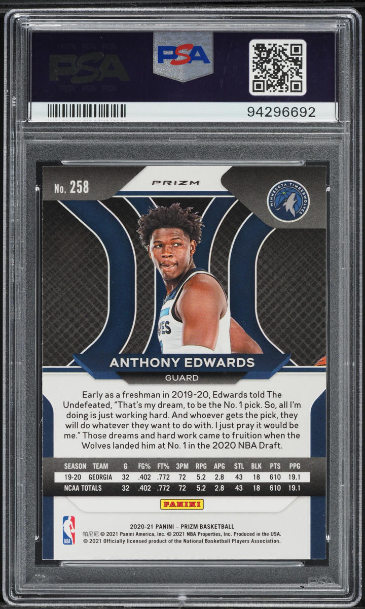 2020 Panini Prizm Fast Break Anthony Edwards ROOKIE #258 PSA 10 GEM MINT
