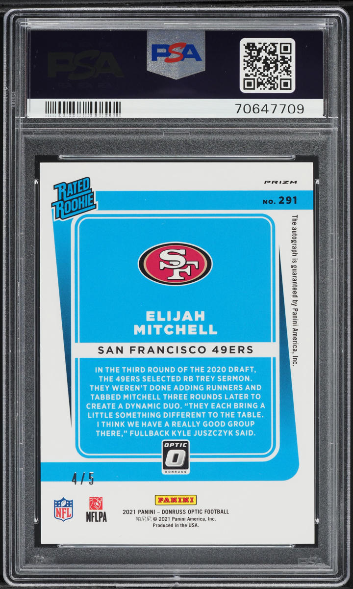 2021 Donruss Optic Green Elijah Mitchell ROOKIE AUTO /5 #291 PSA