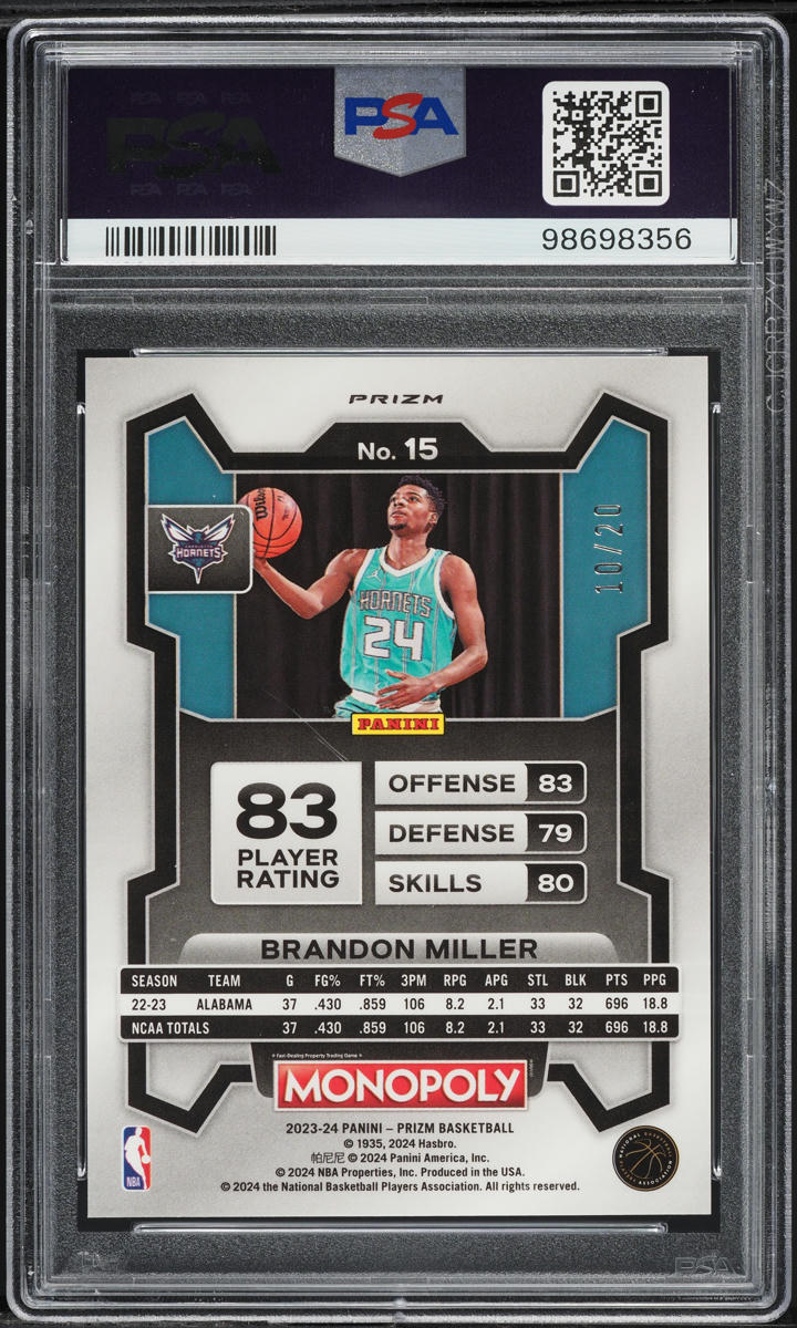 2023 Panini Prizm Monopoly Green Millionaire Brandon Miller RC /20