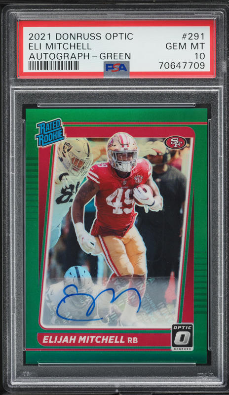 2021 Donruss Optic Green Elijah Mitchell ROOKIE AUTO /5 #291 PSA