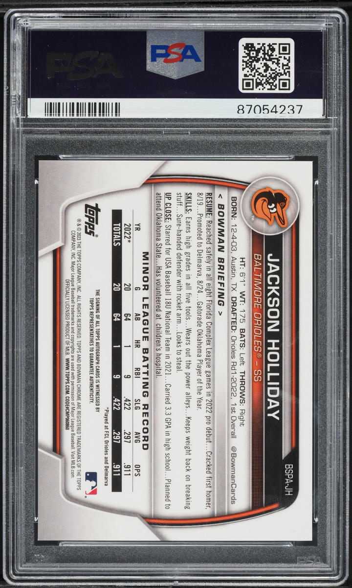 2023 Bowman Chrome Sapphire Green Jackson Holliday PROSPECT AUTO /99 PSA 10