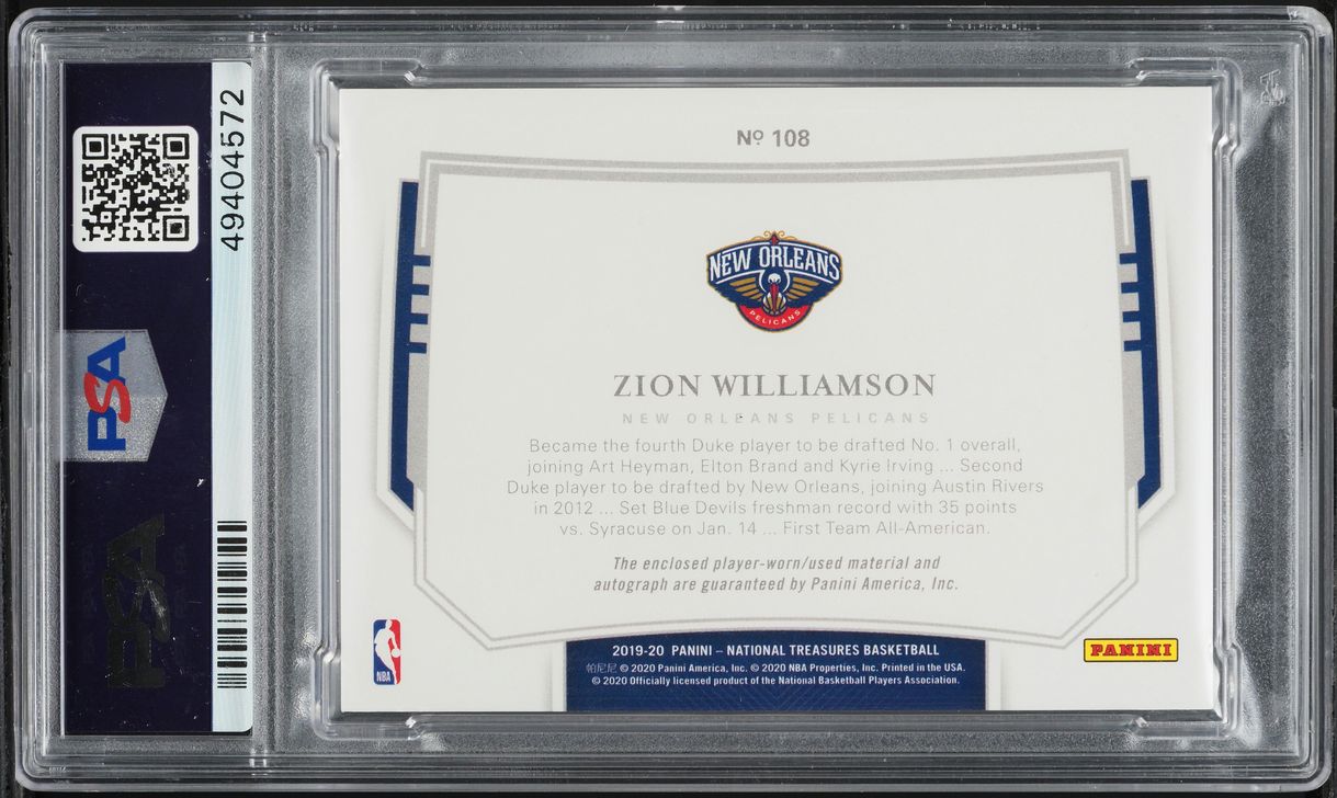 2019 National Treasures Zion Williamson ROOKIE PATCH AUTO /75 #108 PSA 9 MINT
