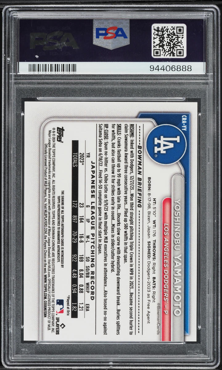 2024 Bowman Chrome Gold Refractor Yoshinobu Yamamoto ROOKIE AUTO /50 PSA 9 MINT