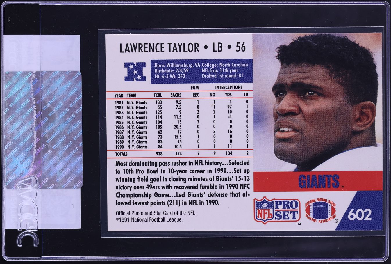 1991 Pro Set Football Lawrence Taylor #602 CGC AUTH