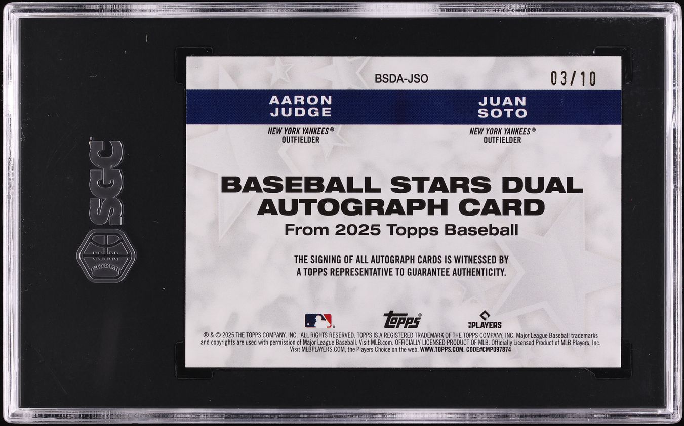 2025 Topps Baseball Stars Dual Juan Soto & Aaron Judge AUTO /10 SGC 9 MINT