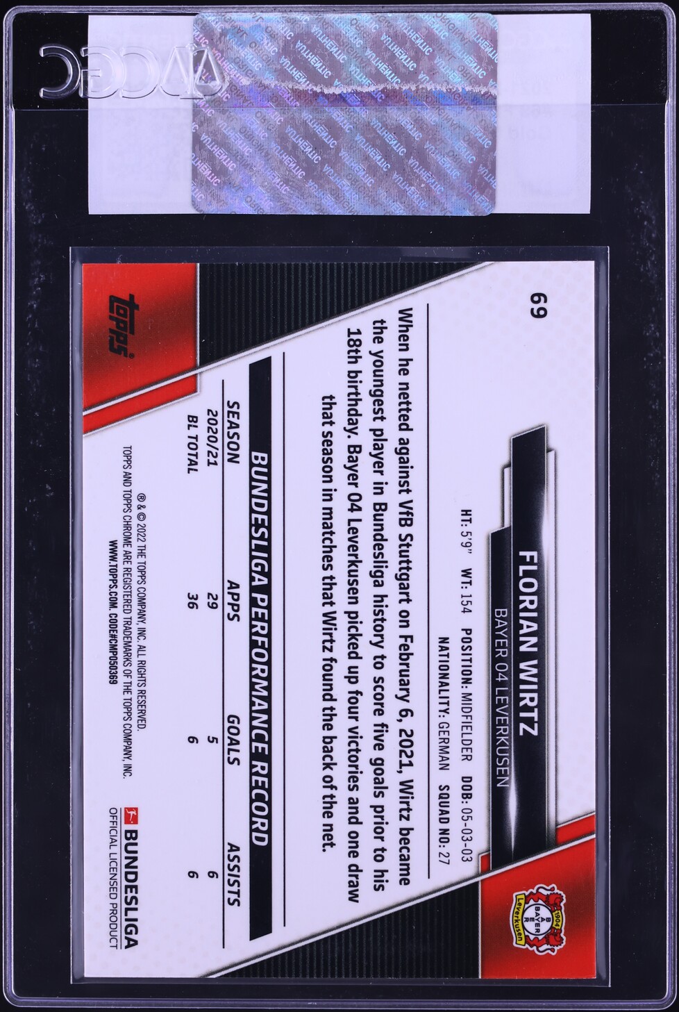 2021 Topps Chrome Bundesliga Gold Raywave Refractor Florian Wirtz #69 CGC AUTH