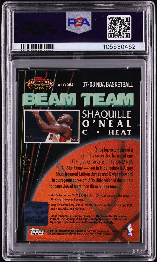 2007 Stadium Club Beam Team Gold Shaquille O'Neal AUTO /25 #BTASO PSA 7 NRMT