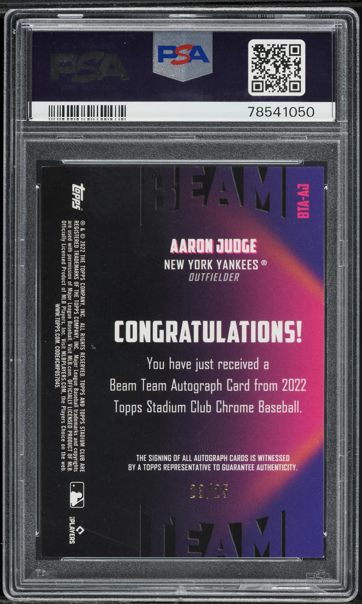 2022 Stadium Club Chrome Beam Team Aaron Judge AUTO /25 #BTAAJ PSA 10 GEM MINT
