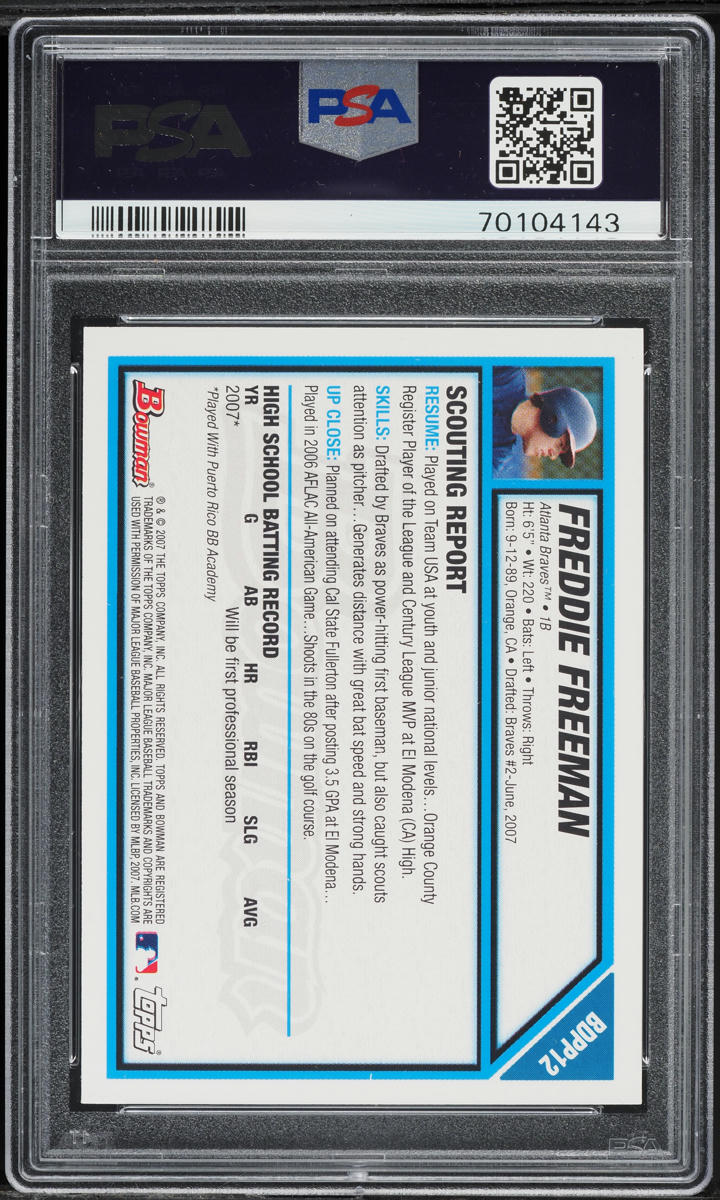 2007 Bowman Draft Picks Freddie Freeman PROSPECT #BDPP12 PSA 10 GEM MINT