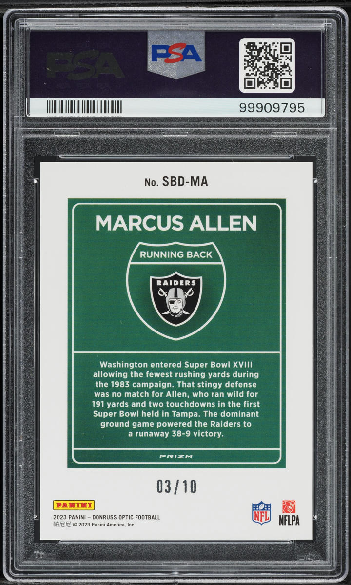 2023 Donruss Optic Super Bowl Downtown Gold Marcus Allen /10 #SBDMA PSA 10 GEM MINT