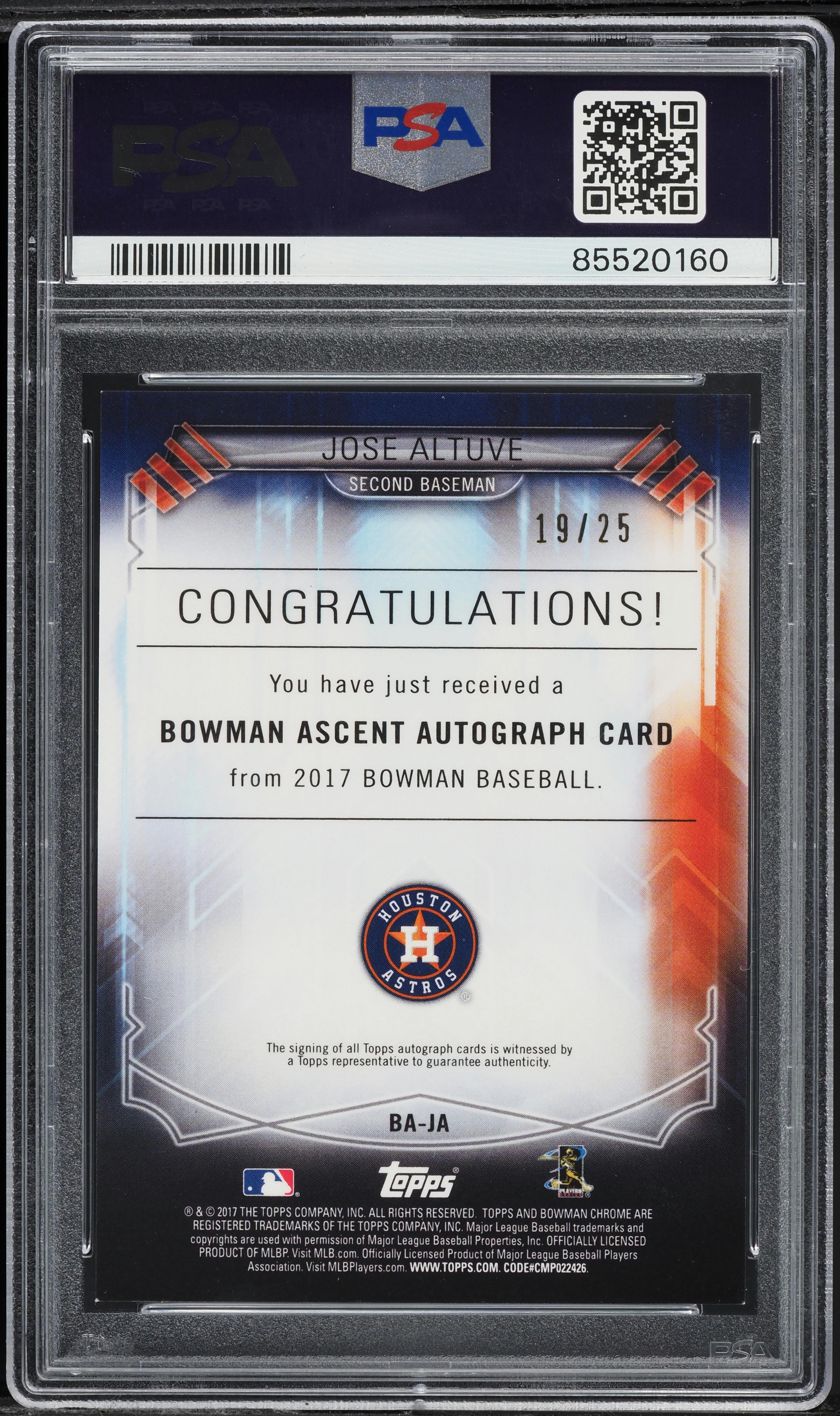 2017 Bowman Chrome Ascent Orange Jose Altuve AUTO /25 #BA-JA PSA