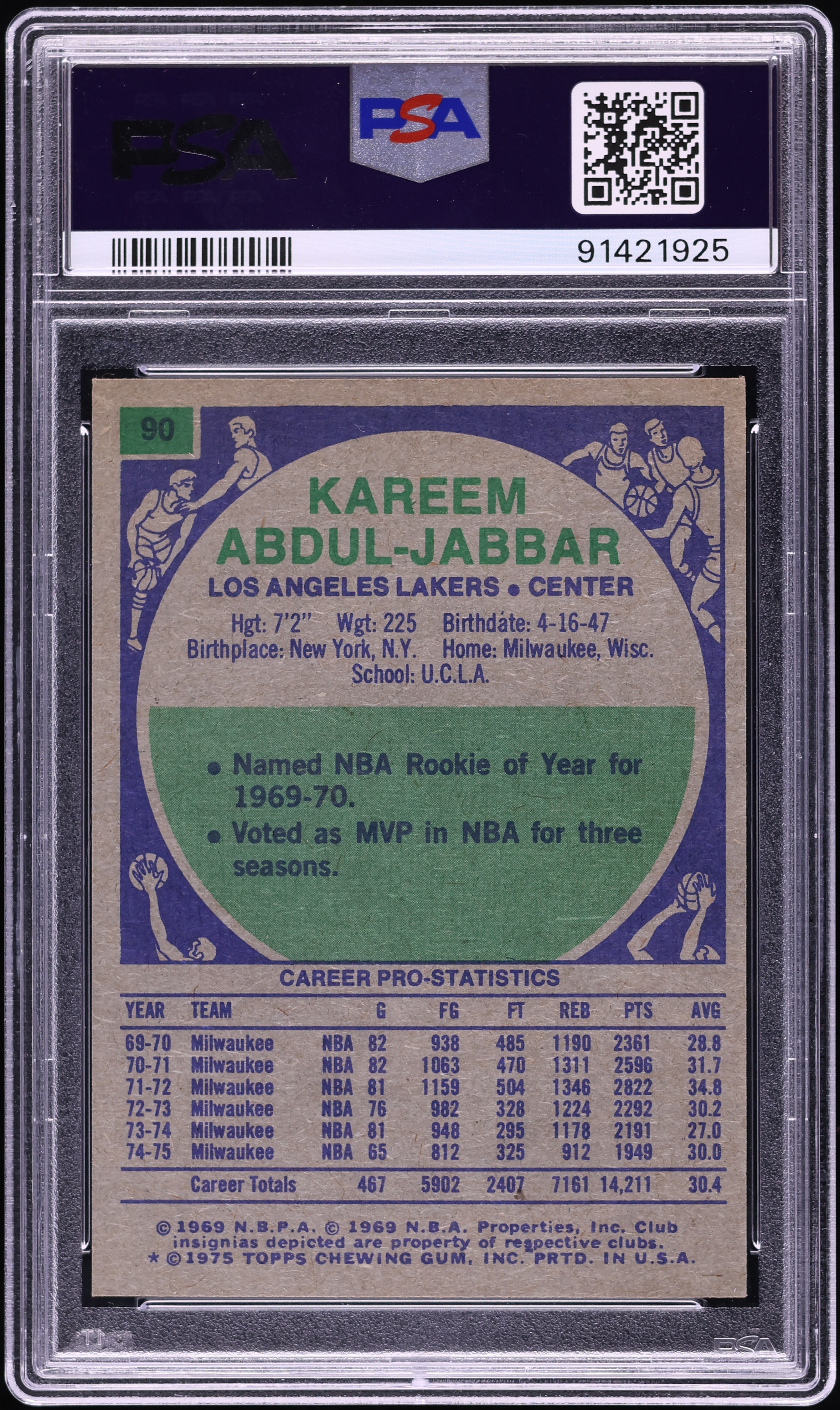 1975 Topps Basketball Kareem Abdul-Jabbar #90 PSA 8 NM-MT on