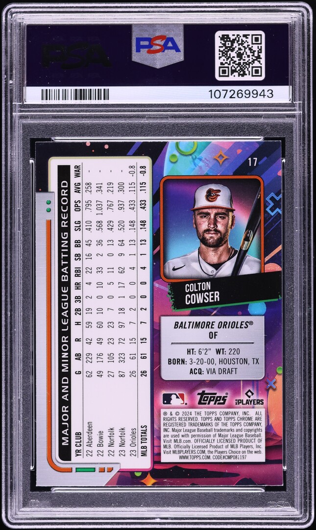 2024 Topps Chrome Cosmic Blue Moon Refractor Colton Cowser RC /99 #17 PSA 9 MINT