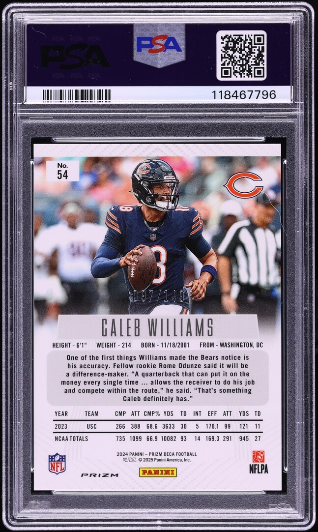 2024 Panini Prizm Deca Blue Caleb Williams ROOKIE /149 #54 PSA 9 MINT