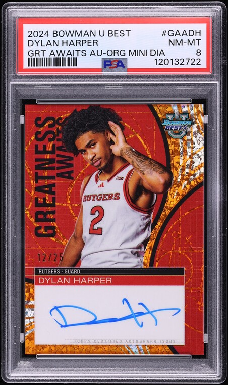 2024 Bowman University Greatness Orange Mini Diamond Dylan Harper ROOKIE AUTO /25 PSA 8 NM-MT