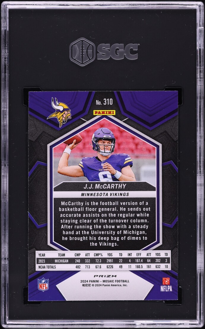 2024 Panini Mosaic Green Prizm J.J. McCarthy ROOKIE #310 SGC 8.5 NM-MT+