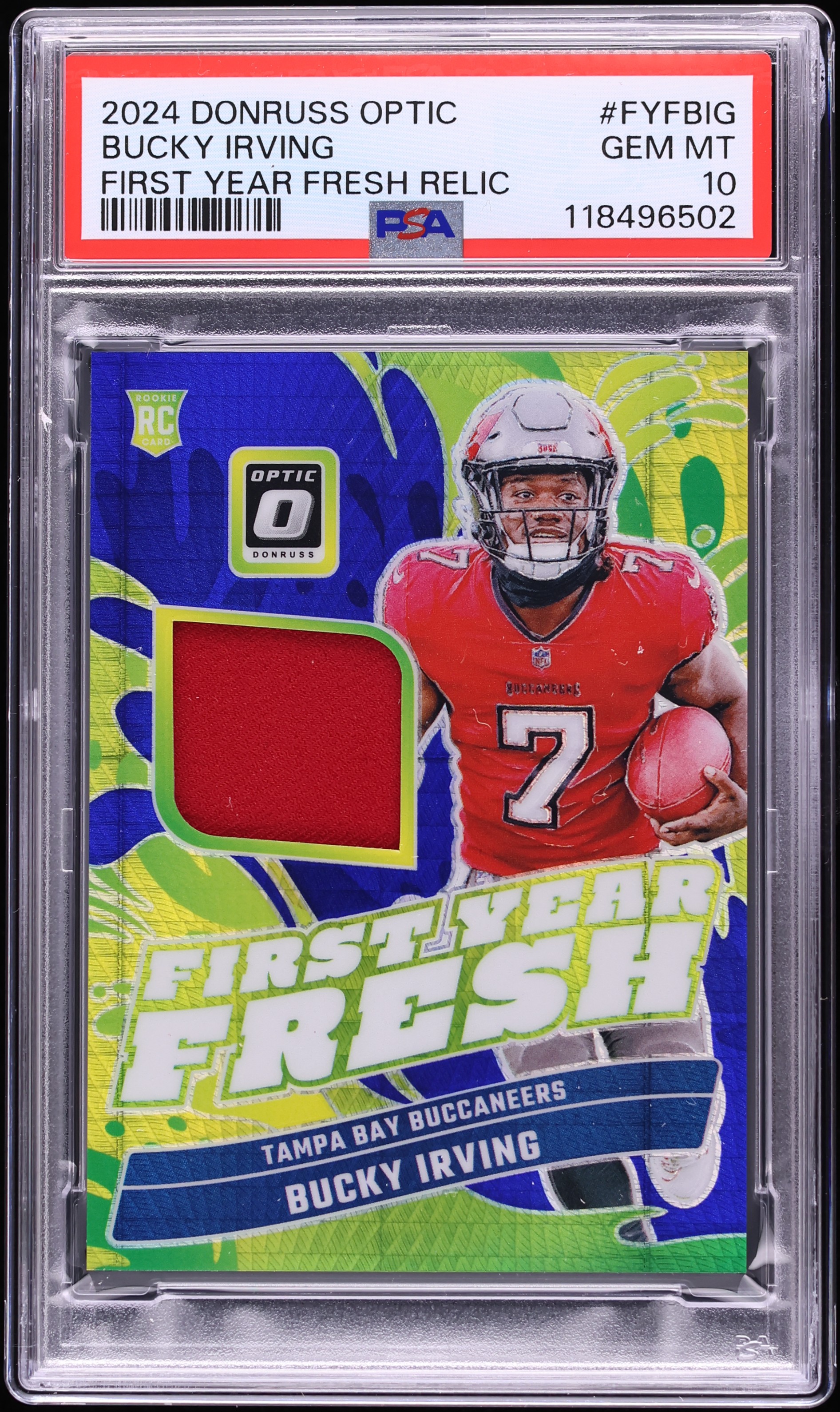 2024 Donruss Optic First Year Fresh Bucky Irving ROOKIE PATCH #FYFBIG PSA  10 on Fanatics Collect, image size:1892x3179