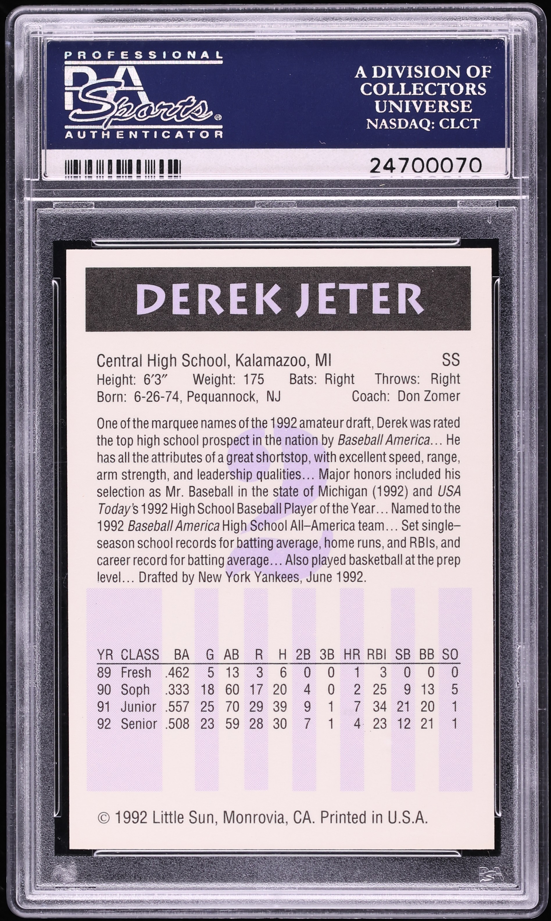 1992 Little Sun High School Prospects Derek Jeter ROOKIE #2 PSA 10