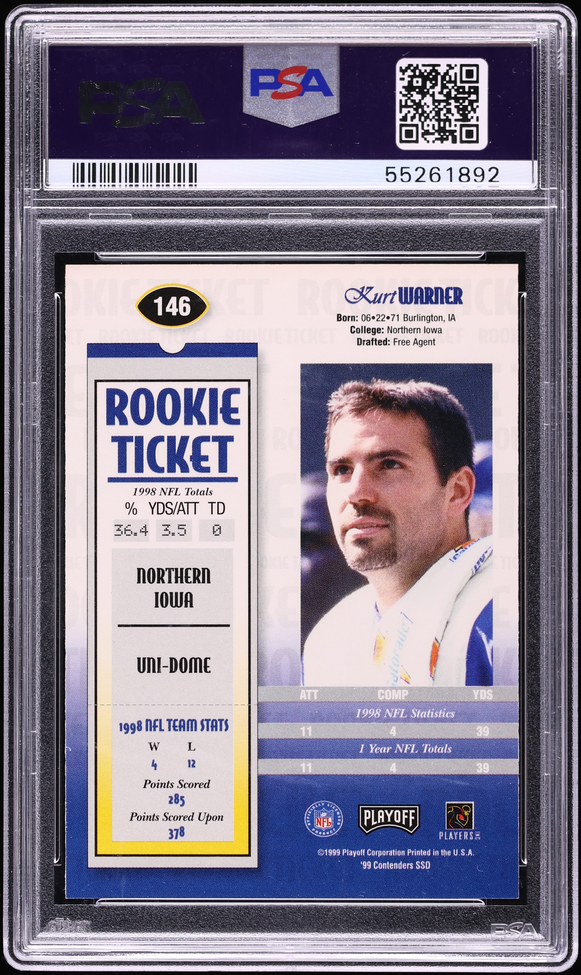 1997．1999．PSA.cgc.鑑定 20セット他アルバムコレクションカ−ド 1999 Playoff Contenders Kurt Warner ROOKIE AUTO #146 PSA 9 MINT on