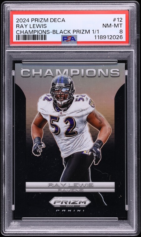 2024 Panini Prizm Deca Champions Black Ray Lewis 1/1 #12 PSA 8 NM-MT