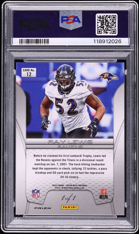 2024 Panini Prizm Deca Champions Black Ray Lewis 1/1 #12 PSA 8 NM-MT