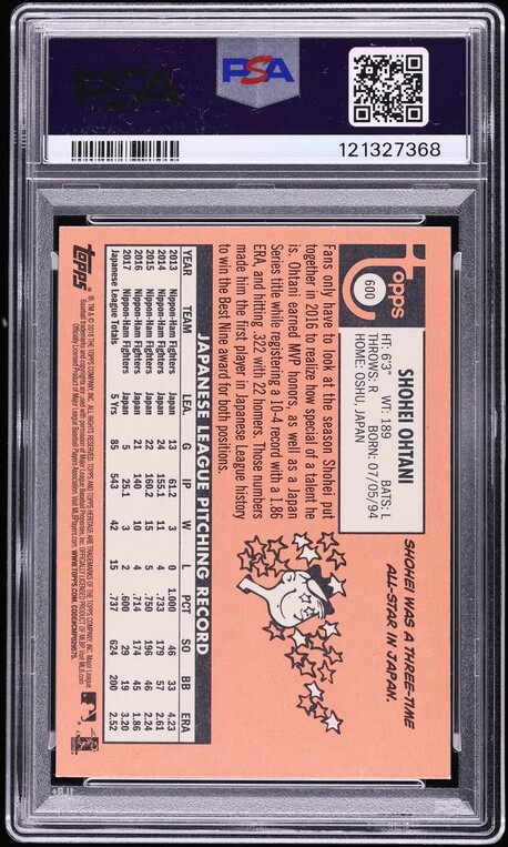 2018 Topps Heritage 100th Anniversary Shohei Ohtani ROOKIE #600 PSA 8 NM-MT