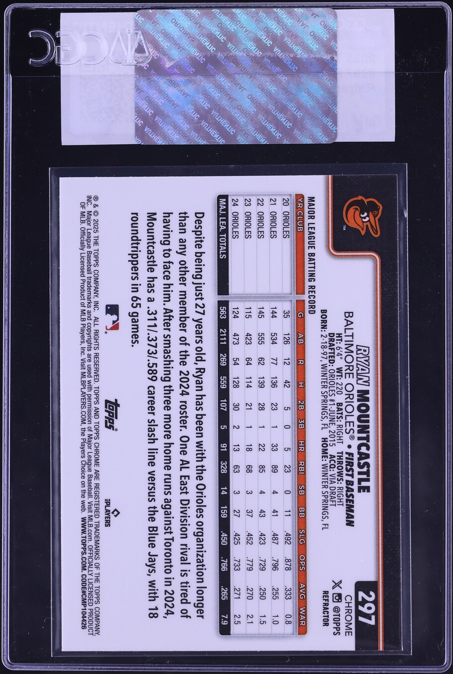 2025 Topps Chrome Refractor Ryan Mountcastle #297 CGC AUTH on