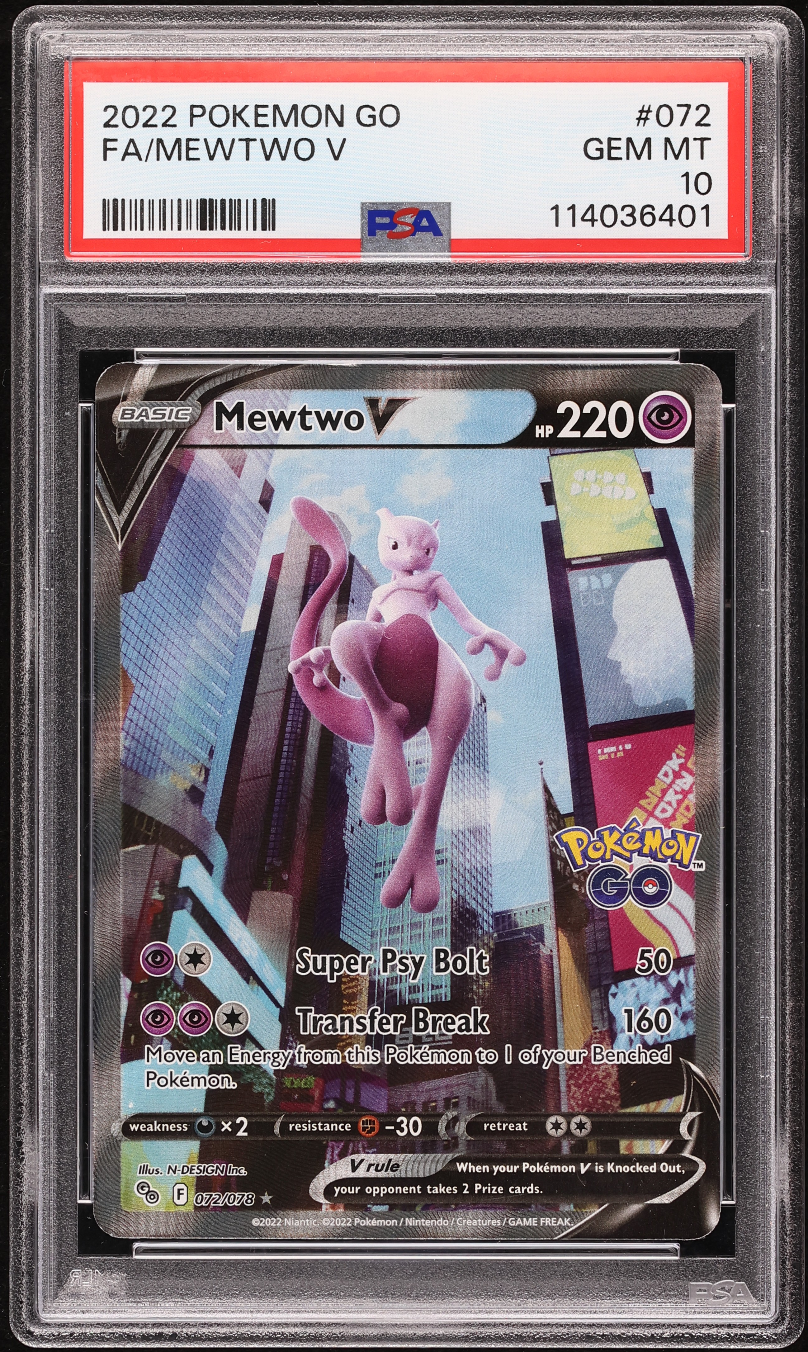 2022 Pokemon Sword & Shield Pokemon GO Full Art Mewtwo V #72 PSA