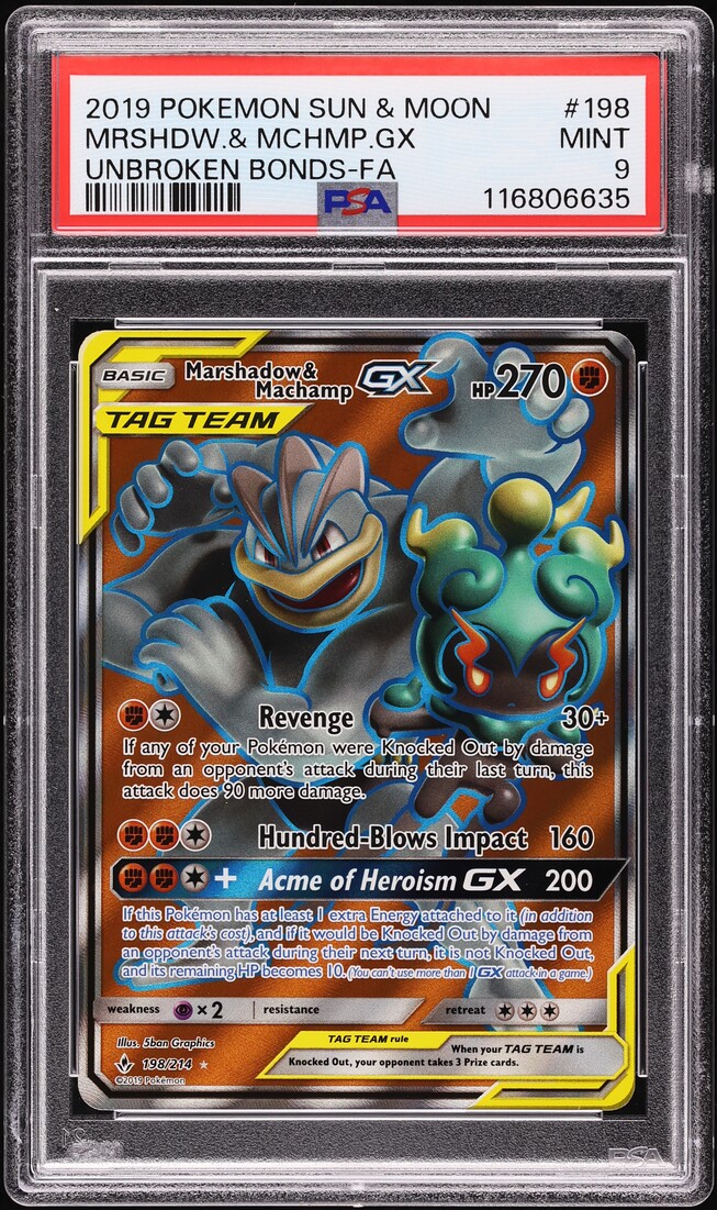 2019 Pokemon Sun & Moon Unbroken Bonds Full Art Marshadow & Machap GX PSA 9 MINT