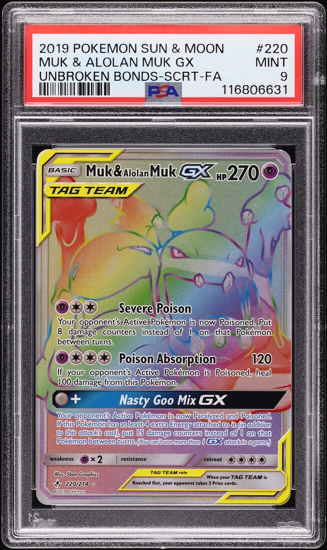 2019 Pokemon SM Unbroken Bonds Rainbow Rare Muk & Alolan Muk GX #220 PSA 9  MINT on Fanatics Collect