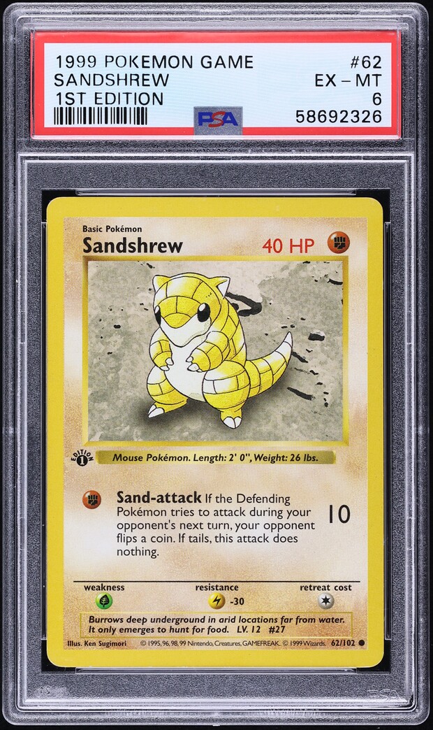 1999 Pokemon Base Set Shadowless 1st Edition Sandshrew #62 PSA 6
