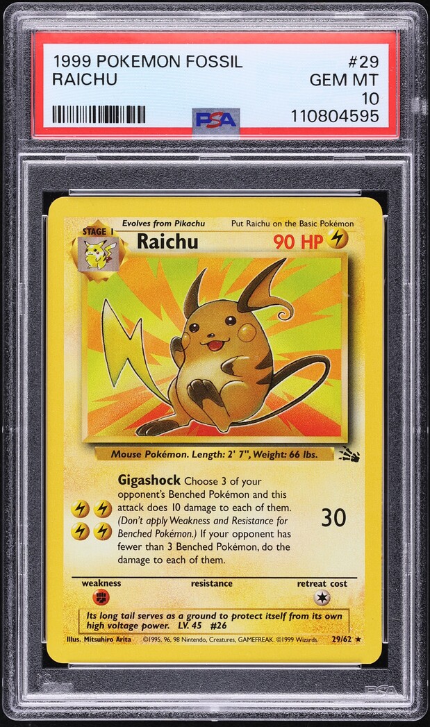 1999 Pokemon Fossil Raichu #29 PSA 10 GEM MINT