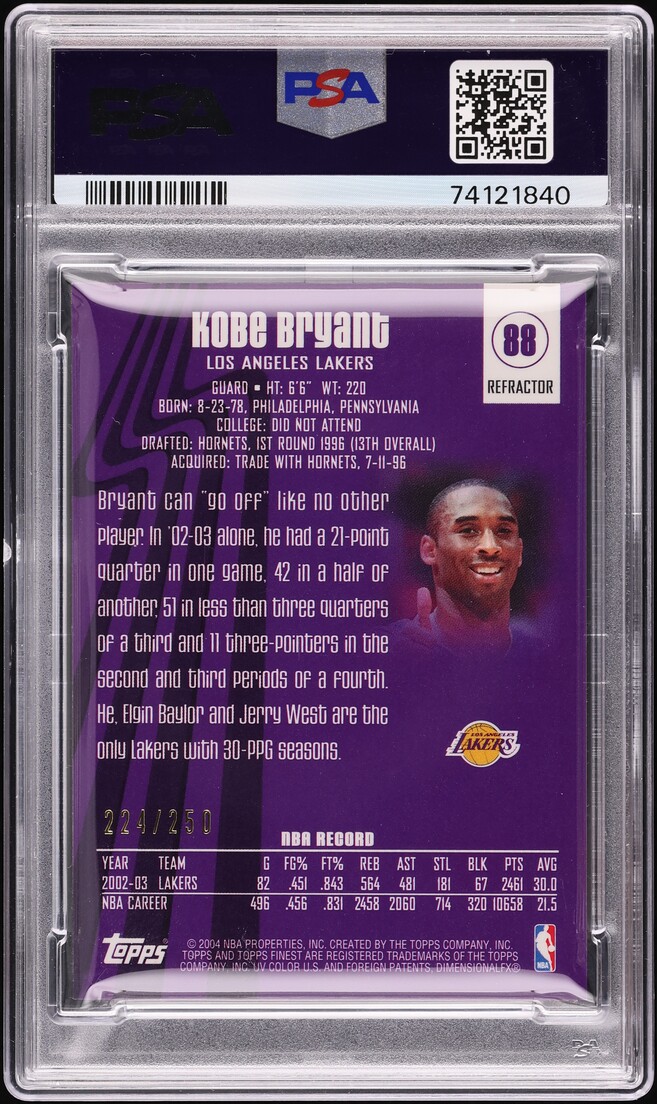 2003 Finest Refractor Kobe Bryant /250 #88 PSA 10 GEM MINT