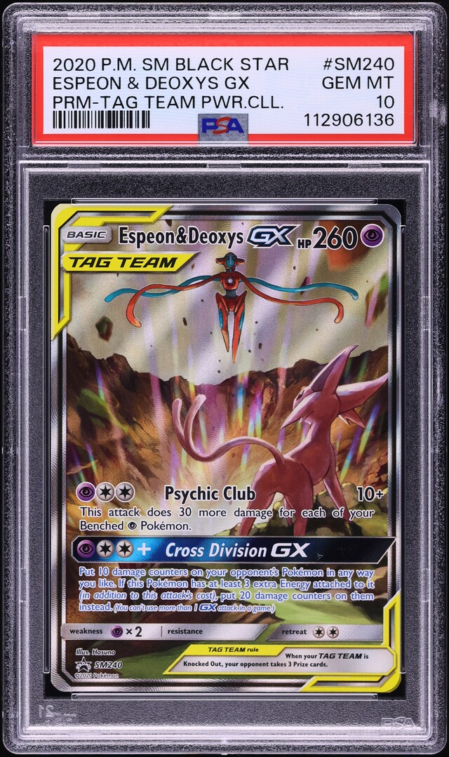 2020 Pokemon SM Black Star Promo Tag Team Full Art Espeon & Deoxys GX PSA 10 GEM